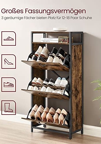 VASAGLE Schuhschrank, mit 3 Flügeltüren und 1 Fach – braune Spanplatte und schwarzer Stahl