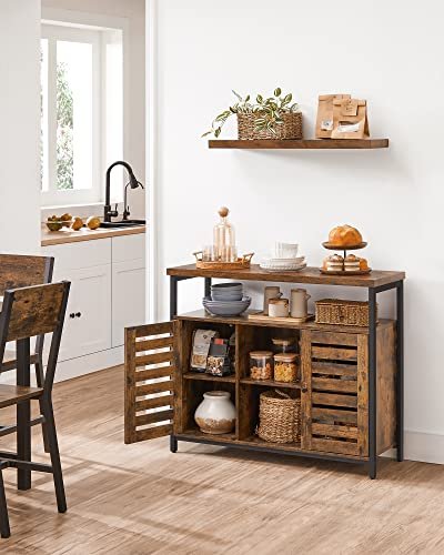 VASAGLE Schrank, mit 2 Lamellentüren, 1 offenem Fach und 2 Einlegeböden – rustikale braune Spanplatte und schwarzer Stahl