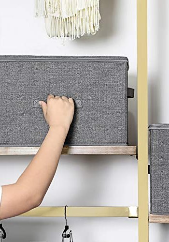 SONGMICS oppbevaringsboks, sammenleggbar, med lokk og hndtak - grtt stoff (sett med 3)