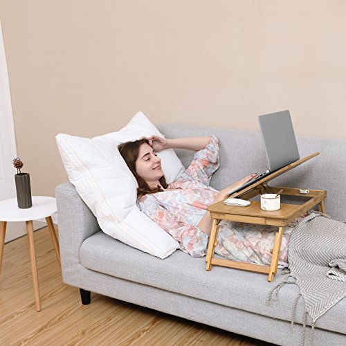 SONGMICS Laptop nattbord, sammenleggbart, hydejusterbart, 5 vippevinkler, luftehull, skuff - bambus