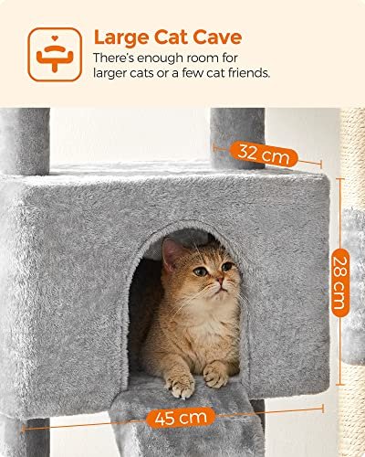 FEANDREA skrapestolpe, 6 niver, 2 plattformer, 1 kurv, 1 hule, 2 pom poms - lys gr plysj