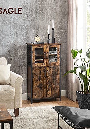 VASAGLE Schrank, m. 2 Glastüren, 2 Holztüren, Einlegeböden, Gitterdesign – rustikale braune Spanplatte und schwarzer Stahl
