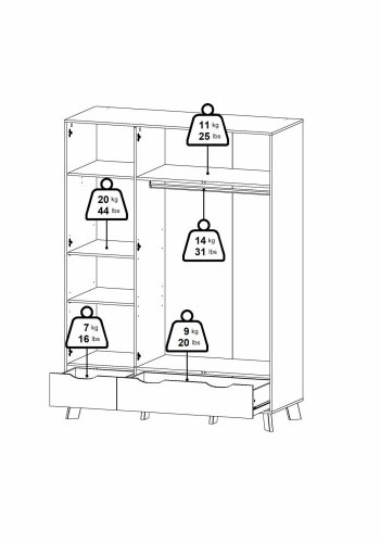 TVILUM Ikast Kleiderschrank mit 2 Türen + 1 Spiegeltür + 2 Schubladen, Jackson Hickory/Weiß, 147,2 x 58,1 x 201 cm