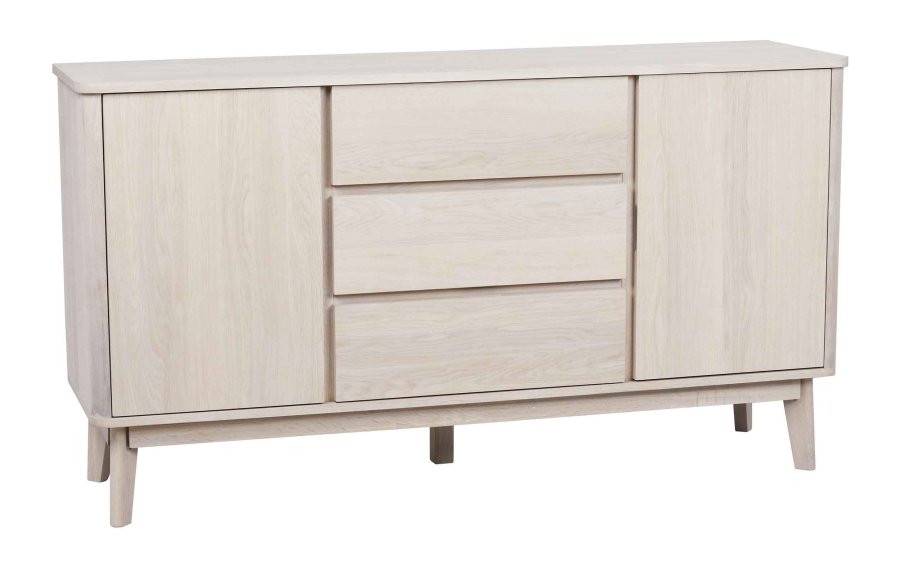 ROWICO Yumi Sideboard - weiß pigmentierte Eiche, 3 Schubladen, 2 Türen, 2 Einlegeböden 