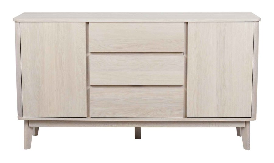 ROWICO Yumi Sideboard - weiß pigmentierte Eiche, 3 Schubladen, 2 Türen, 2 Einlegeböden 