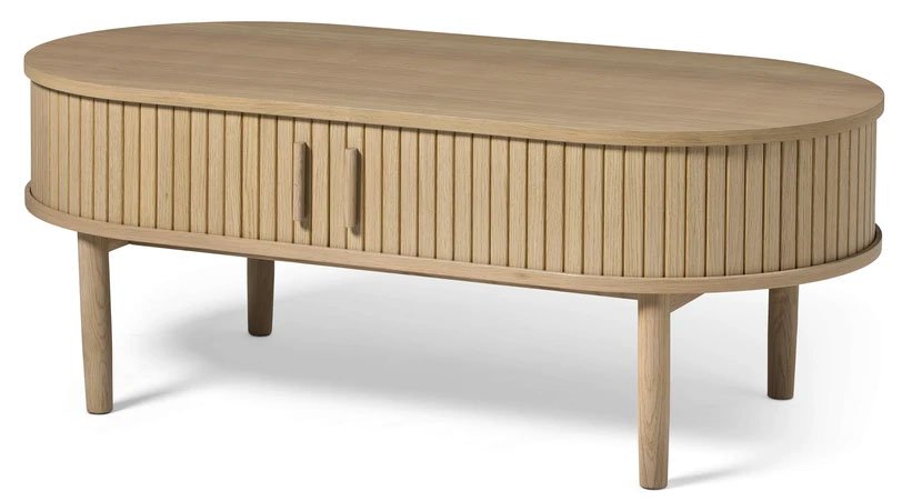 Meta sofabord, m. 2 skydelger og 1 rum, oval - hvidpigmenteret eg (60x120)