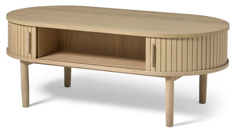 Meta sofabord, m. 2 skydelger og 1 rum, oval - hvidpigmenteret eg (60x120)