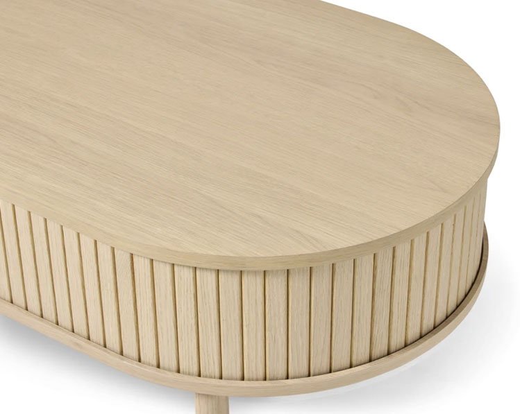 Meta sofabord, m. 2 skydelger og 1 rum, oval - hvidpigmenteret eg (60x120)