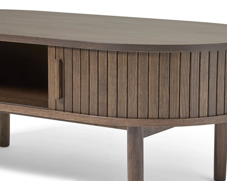 Meta sofabord, m. 2 skydelger og 1 rum, oval - mrk espresso brun eg (60x120)