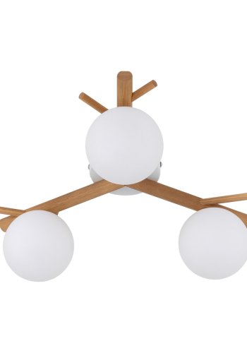 TK Sheron taklampe, m. 3 skjermer - opalt glass og naturlig tre