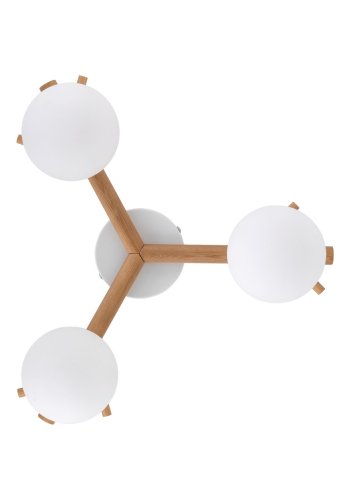 TK Sheron taklampe, m. 3 skjermer - opalt glass og naturlig tre