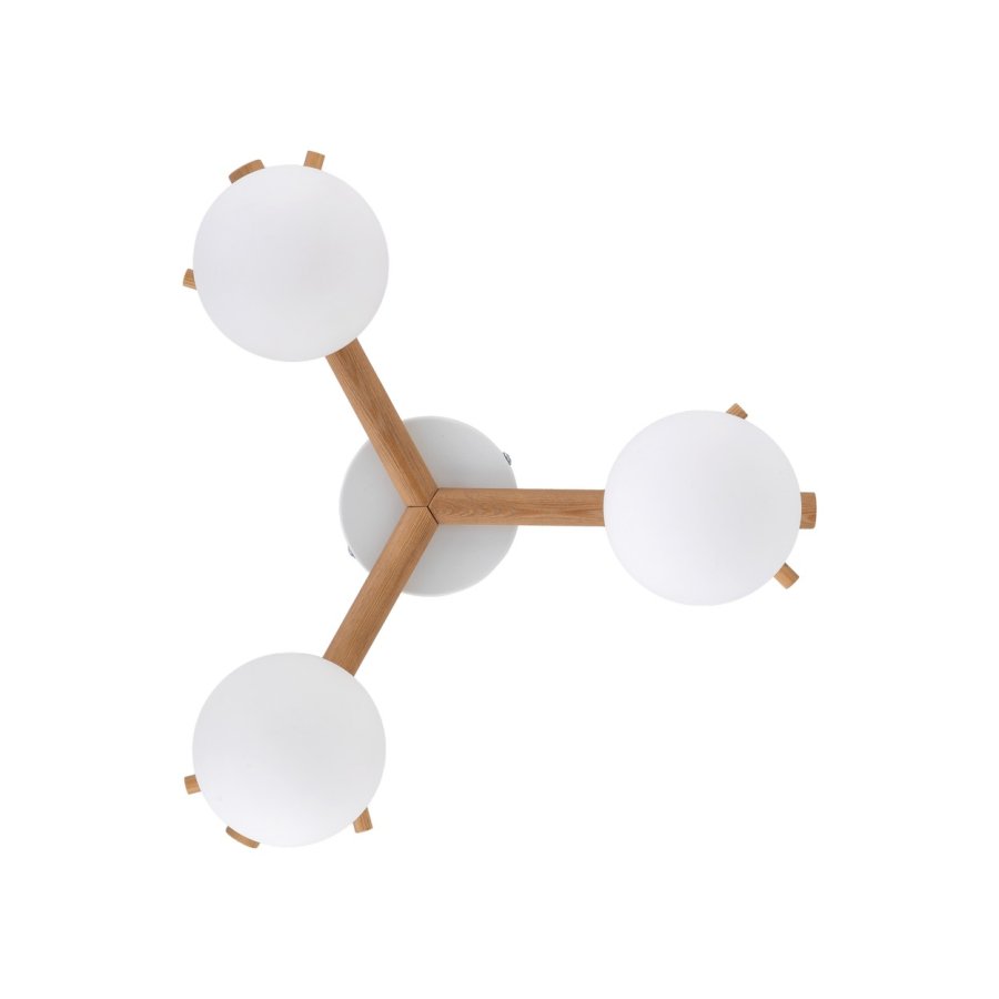 TK Sheron taklampe, m. 3 skjermer - opalt glass og naturlig tre