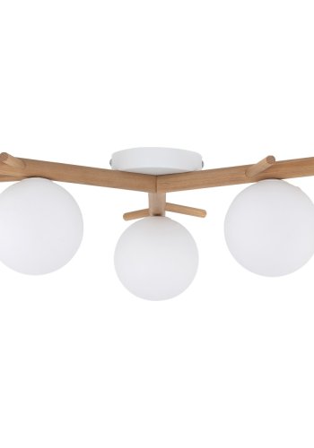 TK Sheron taklampe, m. 3 skjermer - opalt glass og naturlig tre