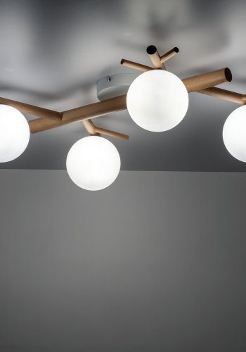 TK Sheron loftlampe, m. 4 skrme - opal glas og natur tr