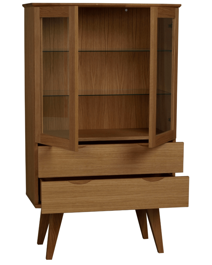 ROWICO Filippa vitrineskab - olieret eg, m. 2 glaslger og 2 skuffer 