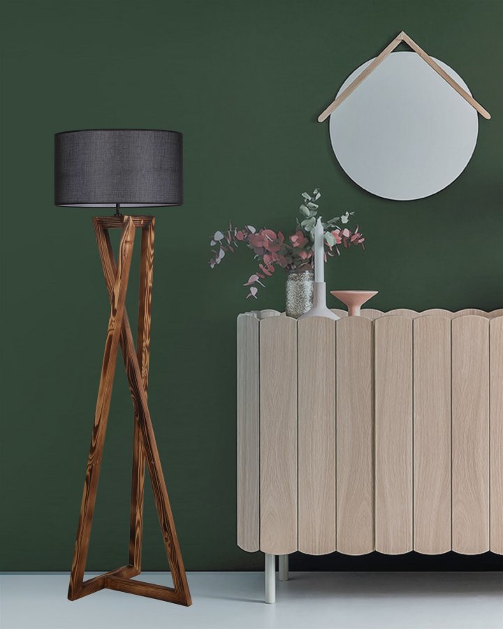 LUMI gulvlampe - svart stoff og brunt grantre