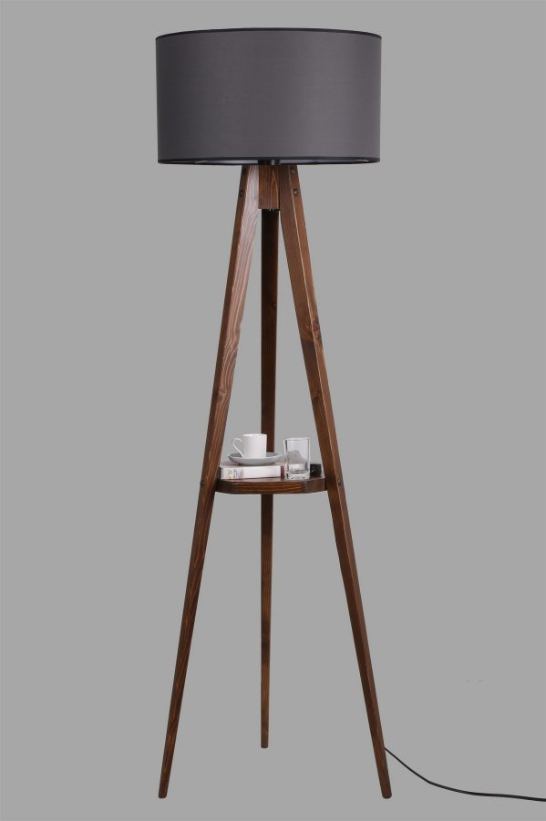 LUMI Sehbal gulvlampe, m. hylle - grtt stoff og valnttfarget tre