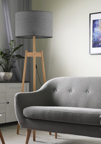 TK Perez gulvlampe - grtt stoff og naturlig tre