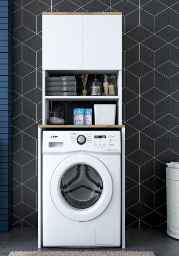 FUNZI LIVING KD101 vaskemaskinskap, m. 2 drer og 1 hylle, rektangulr - valntt og hvit melamin (65x60)