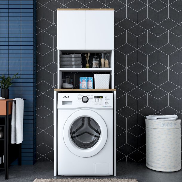 KD101 vaskemaskineskab, m. 2 l�ger og 1 hylde, rektangul�r - valn�d og hvid melamin (65x60)