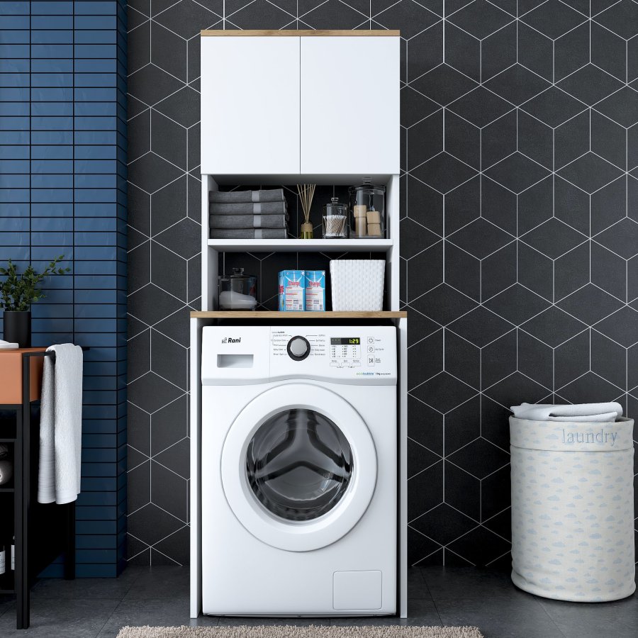 FUNZI LIVING KD101 vaskemaskinskap, m. 2 drer og 1 hylle, rektangulr - valntt og hvit melamin (65x60)