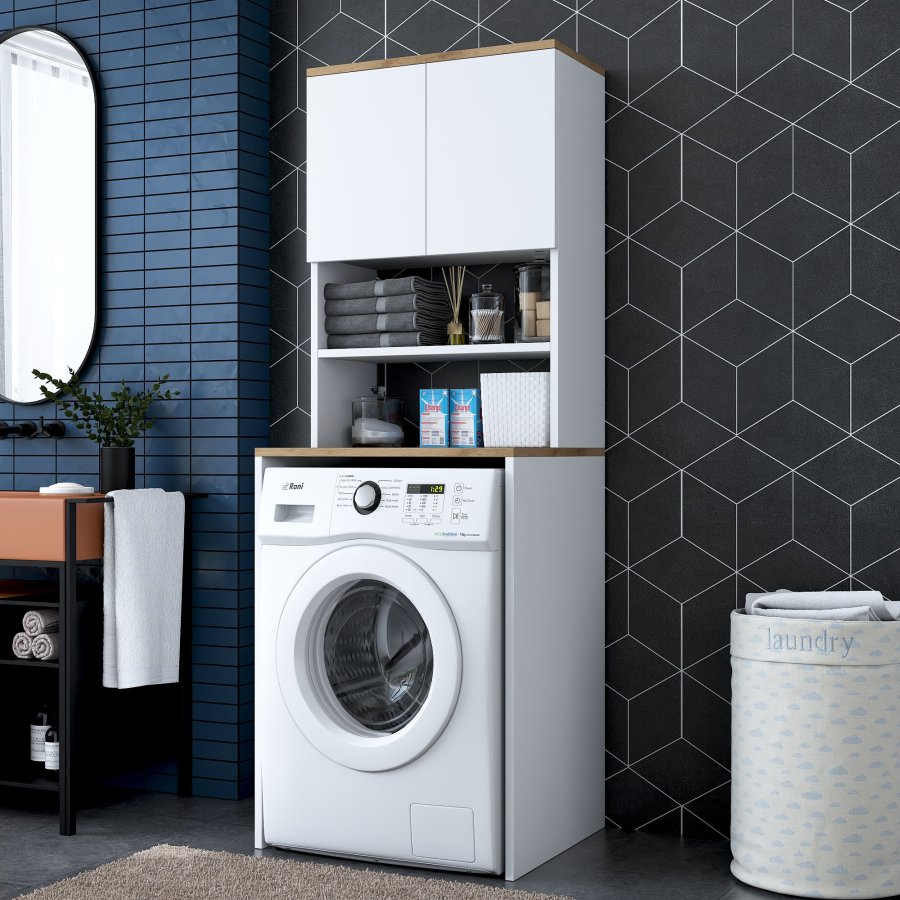 FUNZI LIVING KD101 vaskemaskinskap, m. 2 drer og 1 hylle, rektangulr - valntt og hvit melamin (65x60)