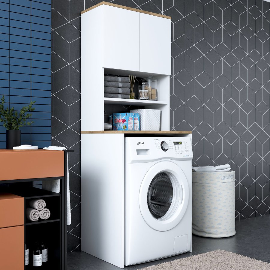 FUNZI LIVING KD101 vaskemaskinskap, m. 2 drer og 1 hylle, rektangulr - valntt og hvit melamin (65x60)