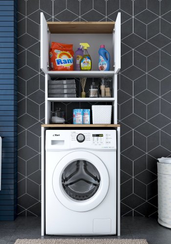 FUNZI LIVING KD101 vaskemaskinskap, m. 2 drer og 1 hylle, rektangulr - valntt og hvit melamin (65x60)