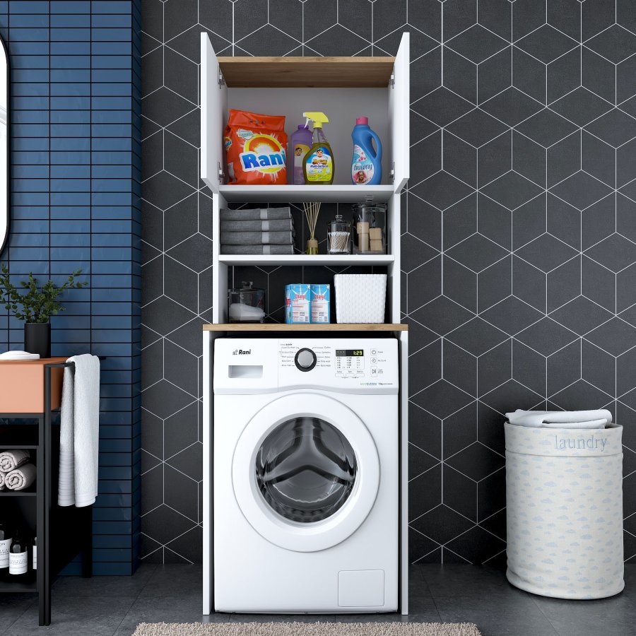 FUNZI LIVING KD101 vaskemaskinskap, m. 2 drer og 1 hylle, rektangulr - valntt og hvit melamin (65x60)