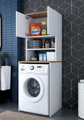 FUNZI LIVING KD101 vaskemaskinskap, m. 2 drer og 1 hylle, rektangulr - valntt og hvit melamin (65x60)