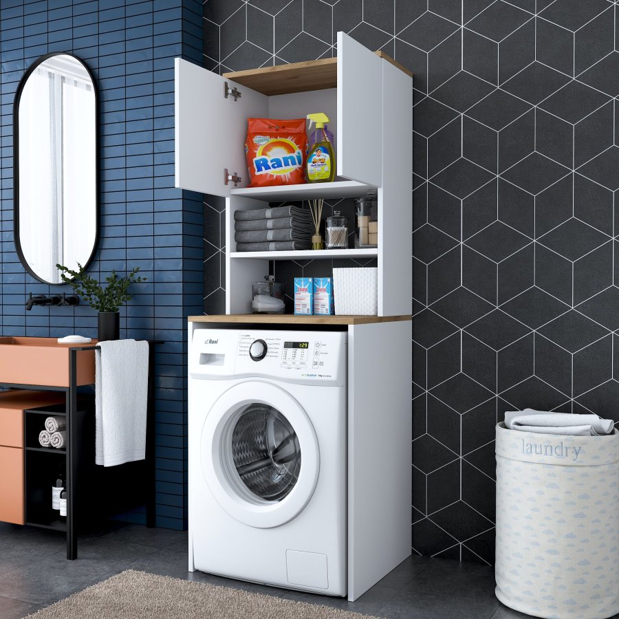 FUNZI LIVING KD101 vaskemaskinskap, m. 2 drer og 1 hylle, rektangulr - valntt og hvit melamin (65x60)