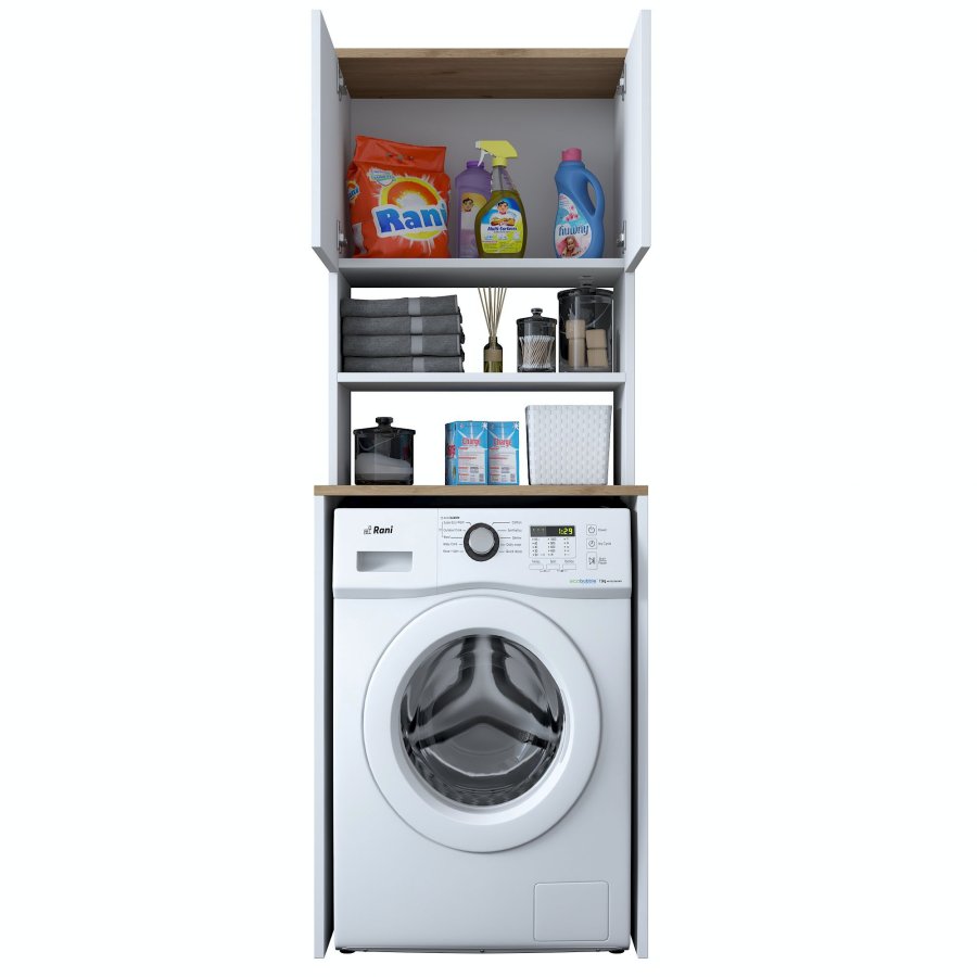 FUNZI LIVING KD101 vaskemaskinskap, m. 2 drer og 1 hylle, rektangulr - valntt og hvit melamin (65x60)