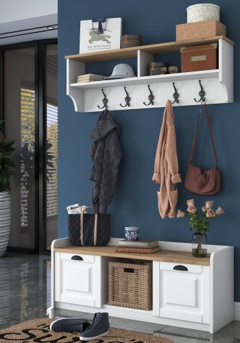 FUNZI LIVING P2 entrésett, med hattehylle og skap - hvit og valnttfarget melamin