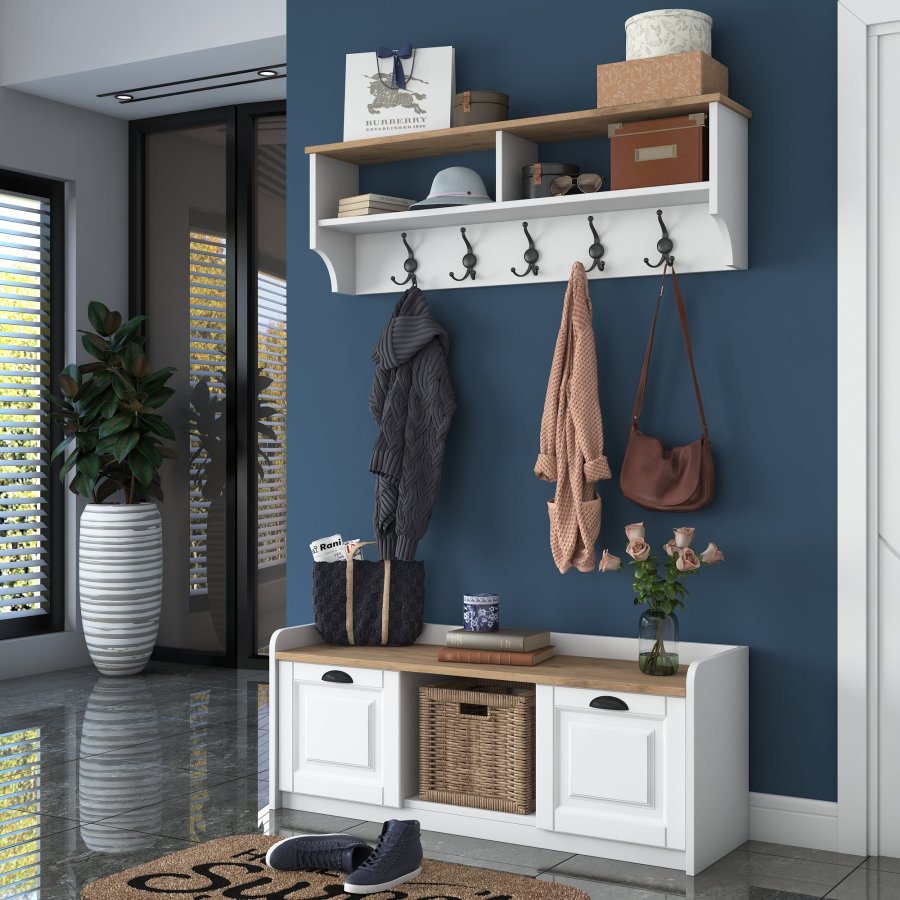 FUNZI LIVING P2 entrésett, med hattehylle og skap - hvit og valnttfarget melamin