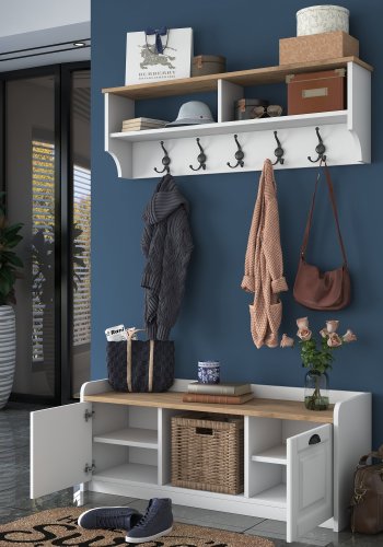 FUNZI LIVING P2 entrésett, med hattehylle og skap - hvit og valnttfarget melamin