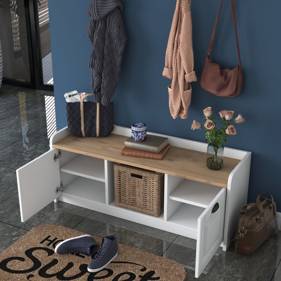 FUNZI LIVING P2 entrésett, med hattehylle og skap - hvit og valnttfarget melamin