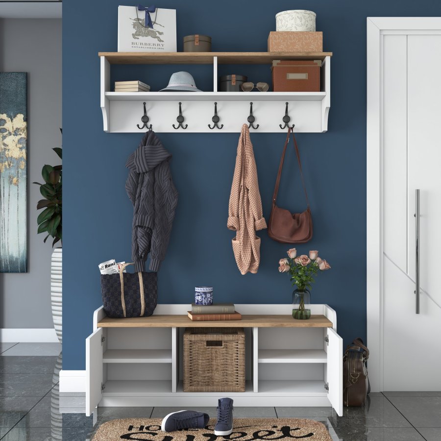 FUNZI LIVING P2 entrésett, med hattehylle og skap - hvit og valnttfarget melamin