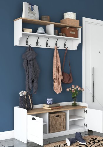 FUNZI LIVING P2 entrésett, med hattehylle og skap - hvit og valnttfarget melamin