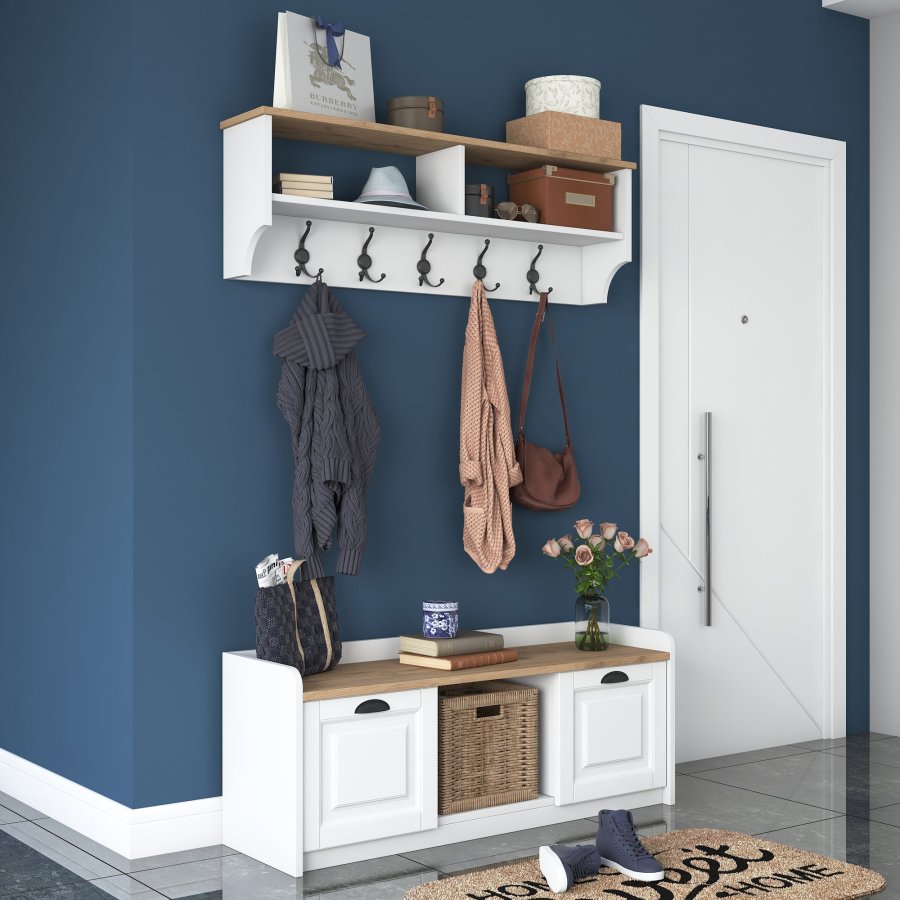 FUNZI LIVING P2 entrésett, med hattehylle og skap - hvit og valnttfarget melamin
