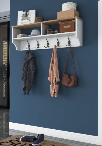 FUNZI LIVING P2 hattehylle, med 5 metallkroker - hvit og brun melamin