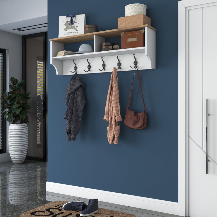 FUNZI LIVING P2 hattehylle, med 5 metallkroker - hvit og brun melamin