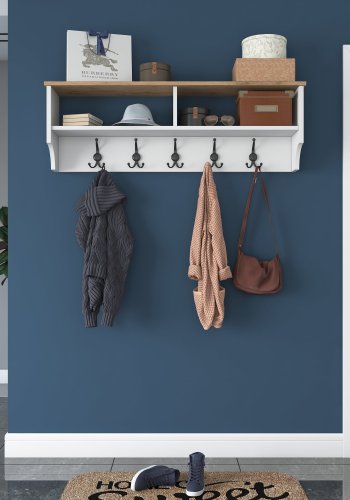 FUNZI LIVING P2 hattehylle, med 5 metallkroker - hvit og brun melamin