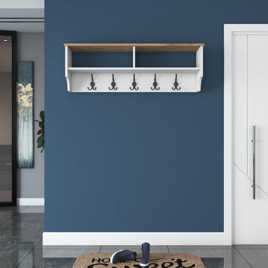 FUNZI LIVING P2 hattehylle, med 5 metallkroker - hvit og brun melamin