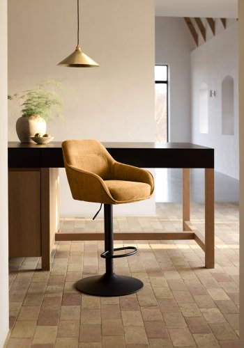 Avola Select Barhocker, mit Rckenlehne, Armlehnen, Fusttze, Trompetenfu  rostfarbenes Polyester und schwarzer Stahl