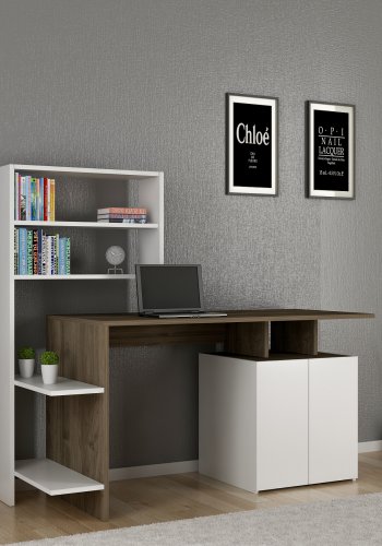FUNZI LIVING Melis Schreibtisch mit Bücherregal – walnussfarbenes und weißes Melamin (146,3 x 60)