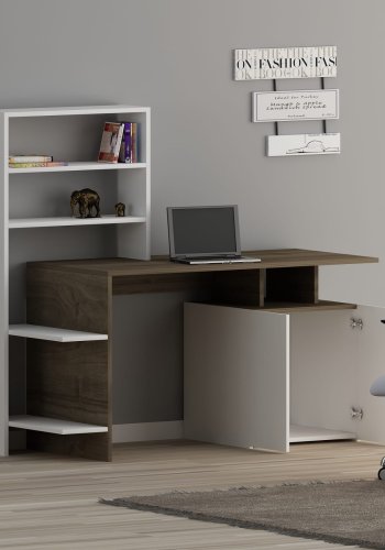 FUNZI LIVING Melis Schreibtisch mit Bücherregal – walnussfarbenes und weißes Melamin (146,3 x 60)