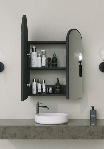 FUNZI LIVING Classe Badezimmer-Hängeschrank, mit Spiegel, 2 Türen und 2 Regalen – Spiegelglas und schwarzes MDF