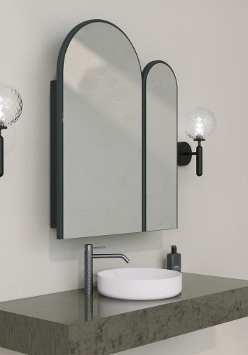 FUNZI LIVING Classe Badezimmer-Hängeschrank, mit Spiegel, 2 Türen und 2 Regalen – Spiegelglas und schwarzes MDF