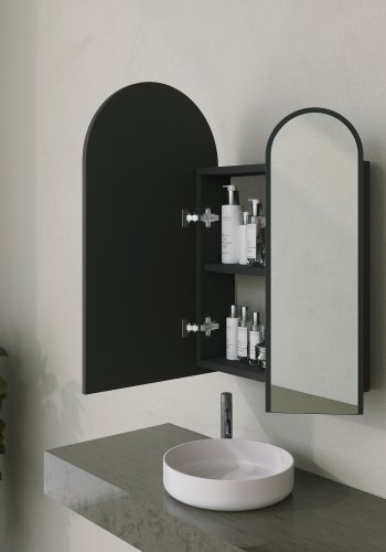 FUNZI LIVING Classe Badezimmer-Hängeschrank, mit Spiegel, 2 Türen und 2 Regalen – Spiegelglas und schwarzes MDF