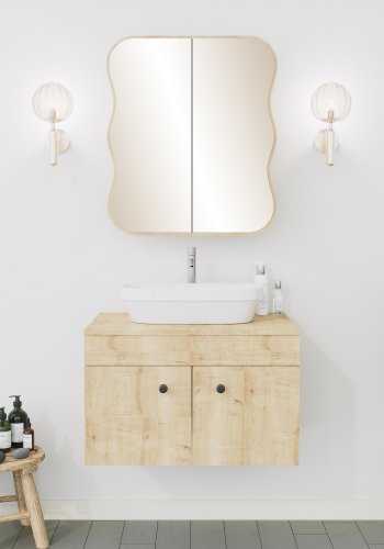 FUNZI LIVING Day Badezimmer-Wandschrank mit 2 Spiegeltüren und 1 Regal - Spiegelglas und Eichenfaserplatte